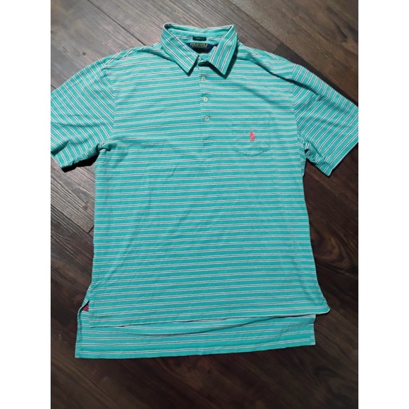 Polo Ralph Lauren White Blue Striped Polo Shirt Orange Pony Pique Cotton LARGE - Picture 1 of 5